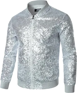 JOGAL Mens Sequins Nightclub Styles Zip up Varsity Baseball Bomber Jacket