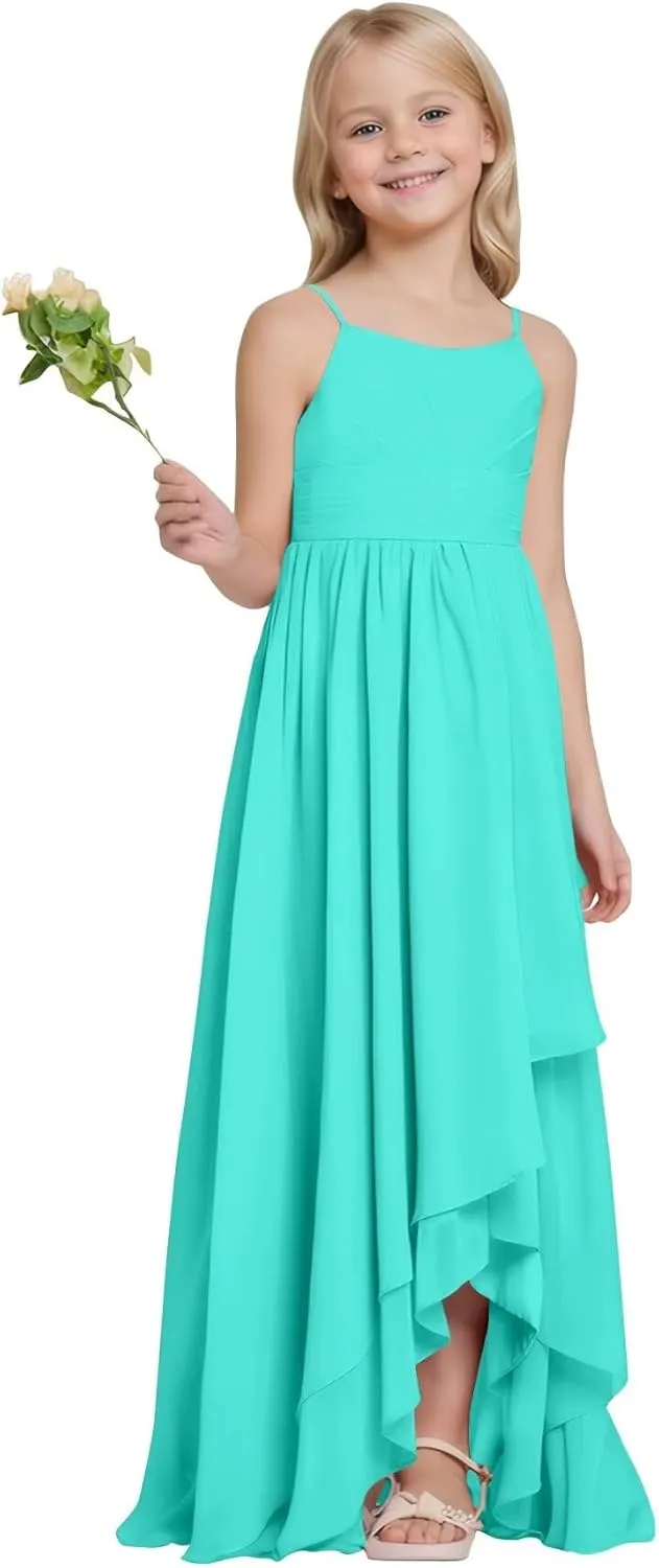 Junior Bridesmaid Dresses High Low Chiffon Pleated Flower Girl Dress Spaghetti Straps Wedding Party Pageant Gown