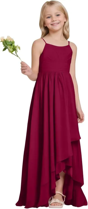 Junior Bridesmaid Dresses High Low Chiffon Pleated Flower Girl Dress Spaghetti Straps Wedding Party Pageant Gown
