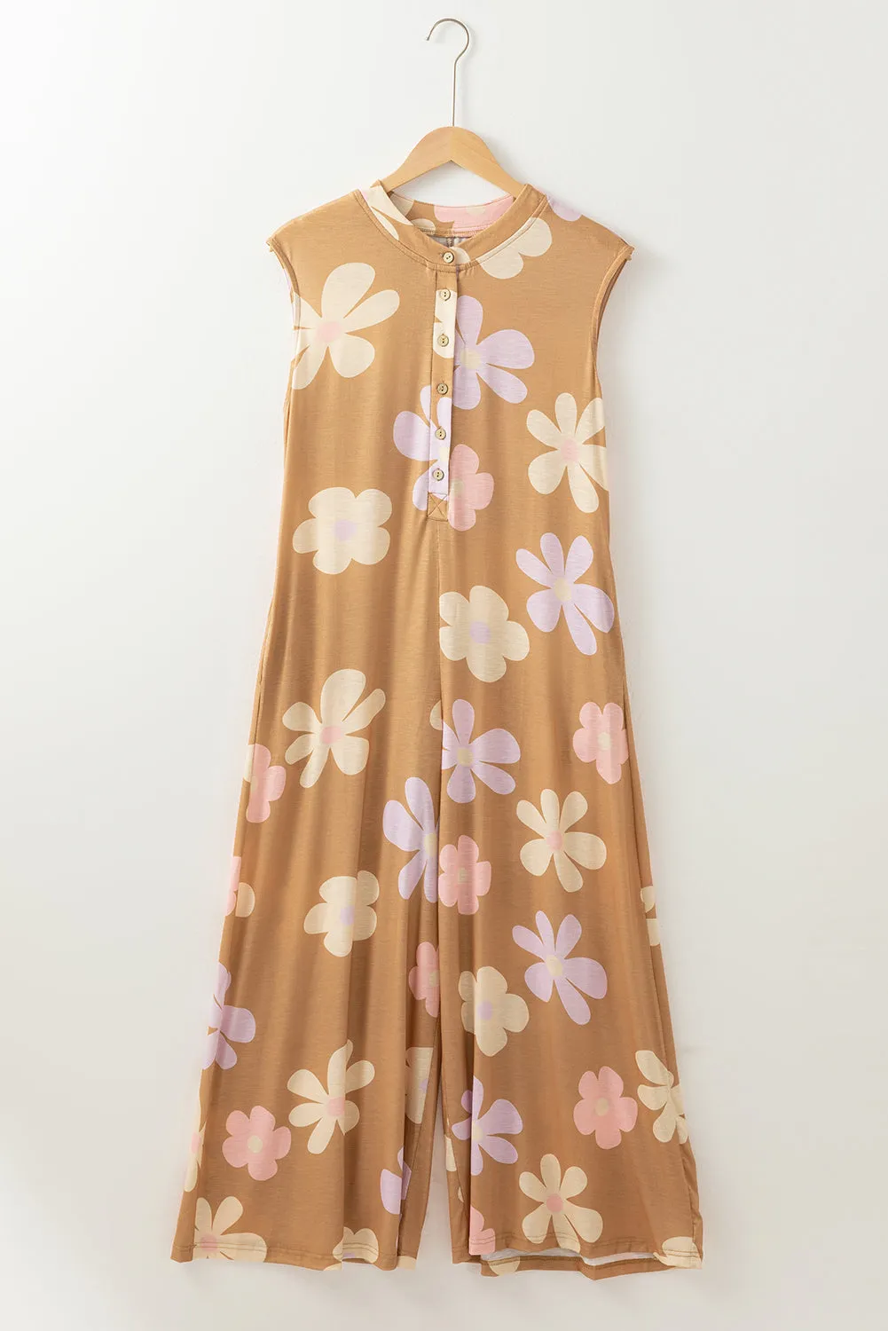 Khaki Floral Print Sleeveless Button up Wide Leg Loose Jumpsuit
