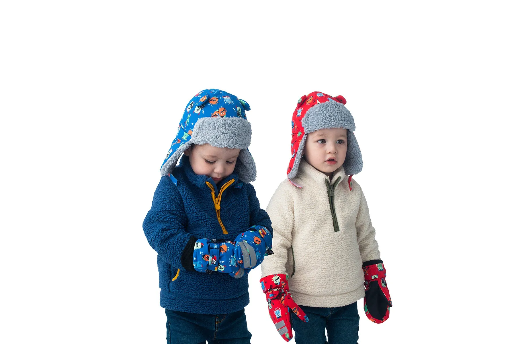 Kids Water Repellent Ski Mittens - Monsters (Red)