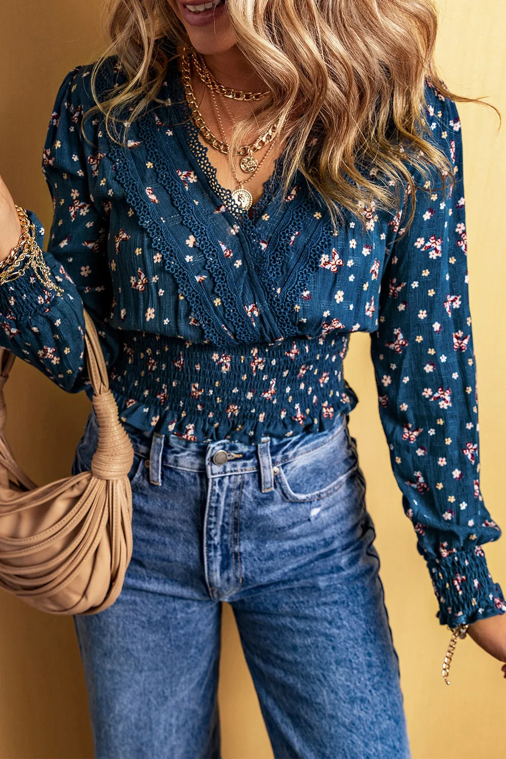 Lace Trim Floral Smocked Blouse