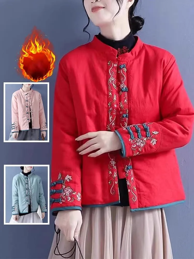 LIXINGHEITANG Chinese style cotton and linen embroidered jacket size women's color button stand collar padded short coat
