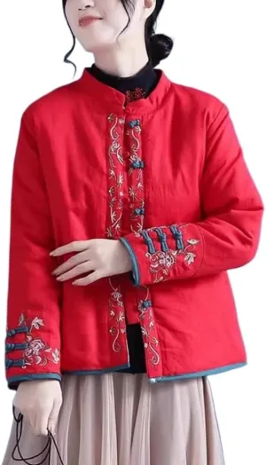 LIXINGHEITANG Chinese style cotton and linen embroidered jacket size women's color button stand collar padded short coat