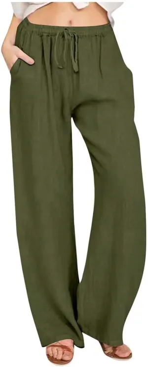 Lounge Pants for Women Comfort Baggy Wide Leg Cotton Linen Pants Summer Casual High Waisted Trousers with Pockets