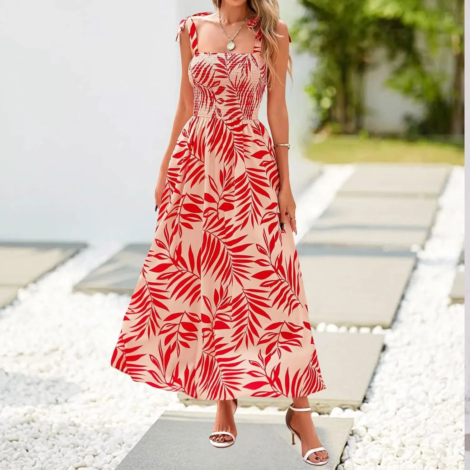 Maxi Dresses for Women 2025 Empire Waist Ruched Tie Strap Tank Dress Square Neck Sleeveless Floral Summer Sundress