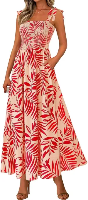 Maxi Dresses for Women 2025 Empire Waist Ruched Tie Strap Tank Dress Square Neck Sleeveless Floral Summer Sundress