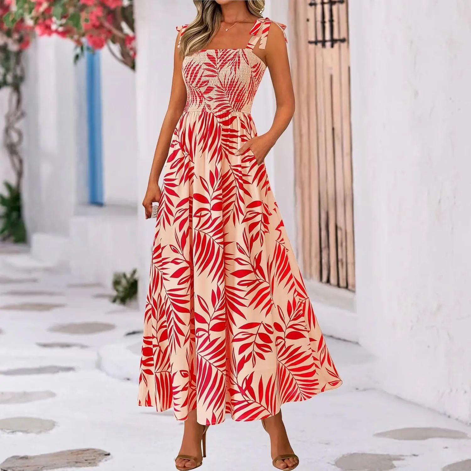 Maxi Dresses for Women 2025 Empire Waist Ruched Tie Strap Tank Dress Square Neck Sleeveless Floral Summer Sundress