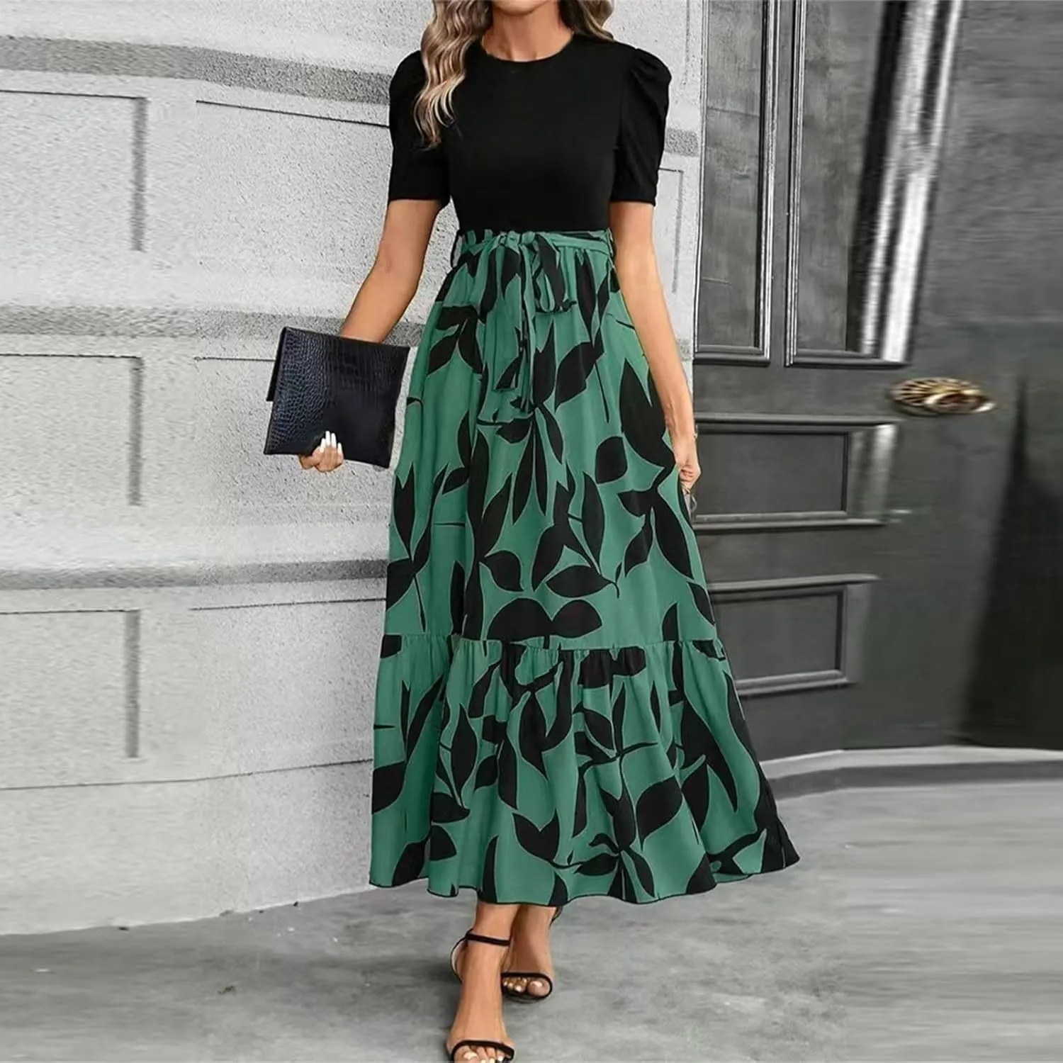 Maxi Dresses for Women 2025 Short Sleeve Tie Waist Boho Dress Floral Printed Tiered Flowy A Line Summer Sundress