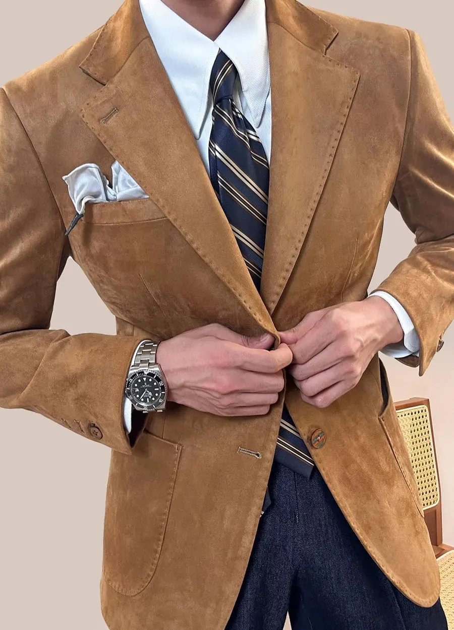 Mens Suede Blazer Classic Suit Jacket 2 Buttons Suede Faux Leather Sport Blazer Coat