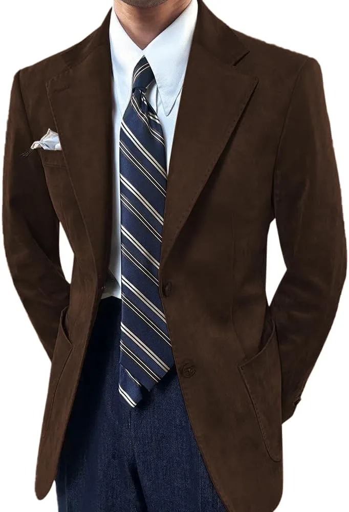 Mens Suede Blazer Classic Suit Jacket 2 Buttons Suede Faux Leather Sport Blazer Coat