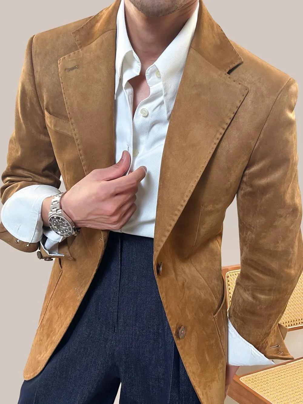 Mens Suede Blazer Classic Suit Jacket 2 Buttons Suede Faux Leather Sport Blazer Coat