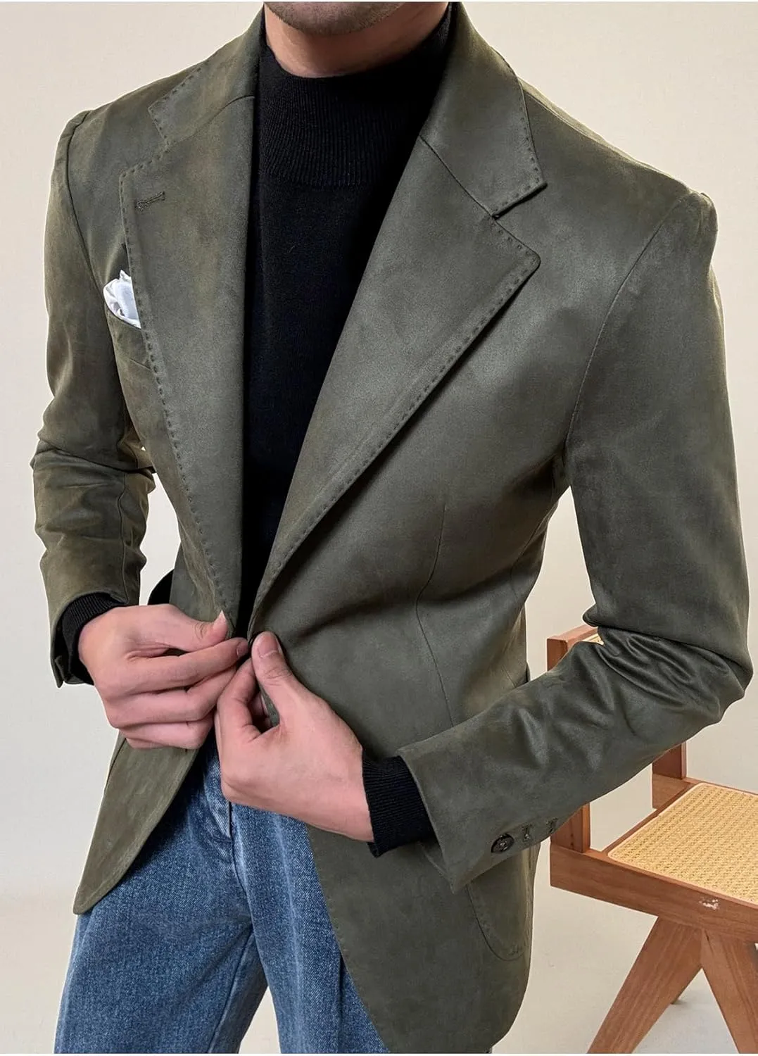 Mens Suede Blazer Classic Suit Jacket 2 Buttons Suede Faux Leather Sport Blazer Coat