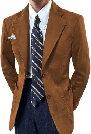 Mens Suede Blazer Classic Suit Jacket 2 Buttons Suede Faux Leather Sport Blazer Coat