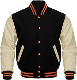 Mount Helicon Mens Green Genuine Wool blend and Leather Sleeves Light Weight Varsity Jacket Letterman Rib Knitting Bomber