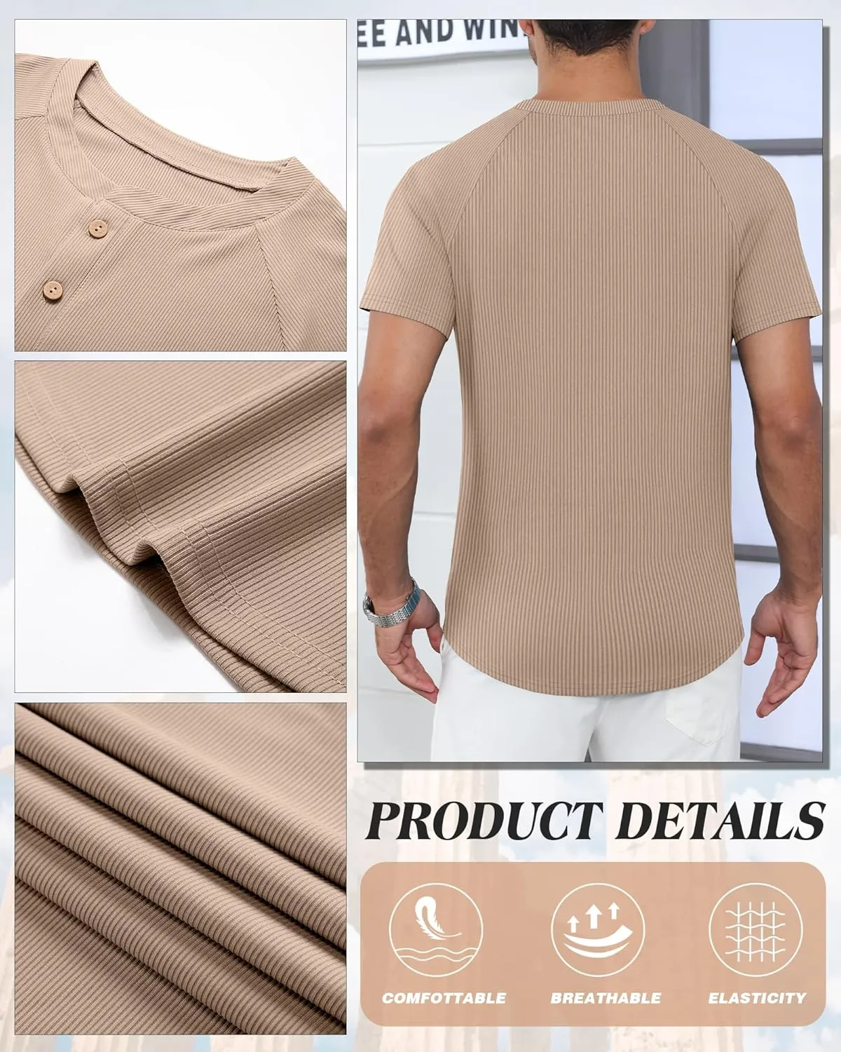 Neer 3 Pack Men's Ribbed Henley Shirts Short Sleeve Raglan Casual T-Shirts Classic Summer Button Placket Muscle Tees