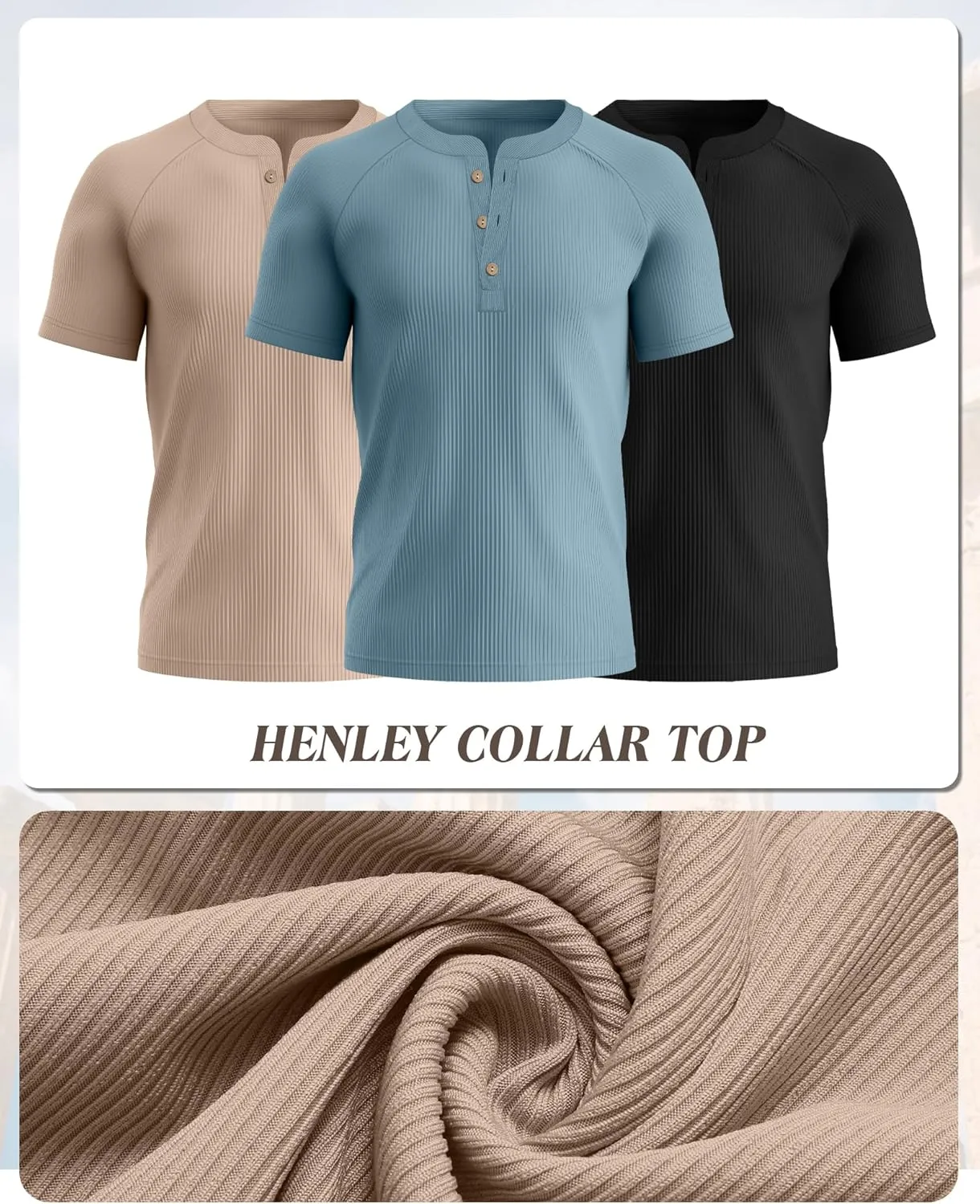 Neer 3 Pack Men's Ribbed Henley Shirts Short Sleeve Raglan Casual T-Shirts Classic Summer Button Placket Muscle Tees