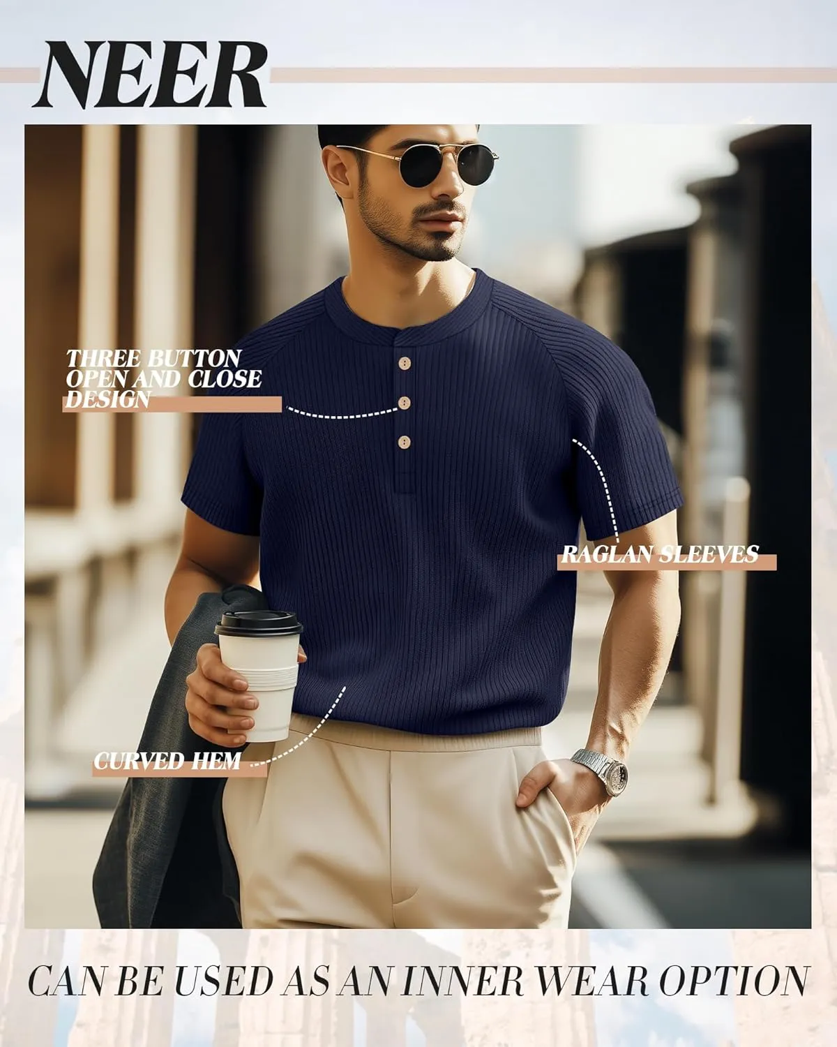 Neer 3 Pack Men's Ribbed Henley Shirts Short Sleeve Raglan Casual T-Shirts Classic Summer Button Placket Muscle Tees