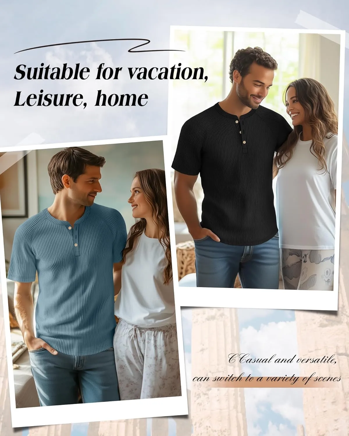 Neer 3 Pack Men's Ribbed Henley Shirts Short Sleeve Raglan Casual T-Shirts Classic Summer Button Placket Muscle Tees