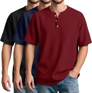 Neer 3 Pack Men's Ribbed Henley Shirts Short Sleeve Raglan Casual T-Shirts Classic Summer Button Placket Muscle Tees
