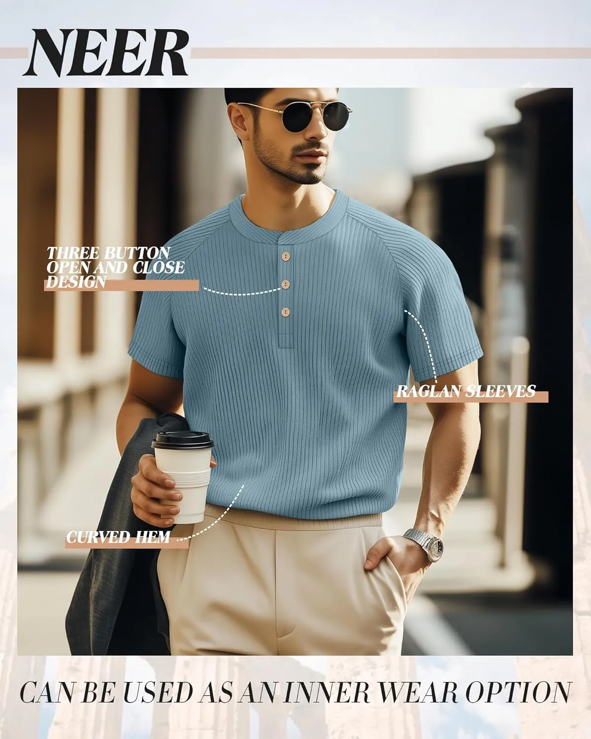 Neer 3 Pack Men's Ribbed Henley Shirts Short Sleeve Raglan Casual T-Shirts Classic Summer Button Placket Muscle Tees