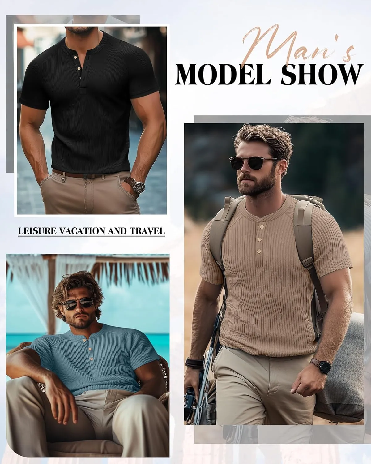 Neer 3 Pack Men's Ribbed Henley Shirts Short Sleeve Raglan Casual T-Shirts Classic Summer Button Placket Muscle Tees