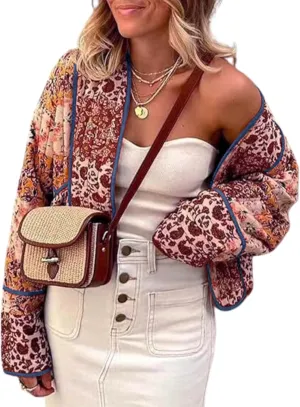Omoone Women's Cropped Floral Quilted Jacket Cardigan Printed Lightweight Open Front Padded Puffer Coat