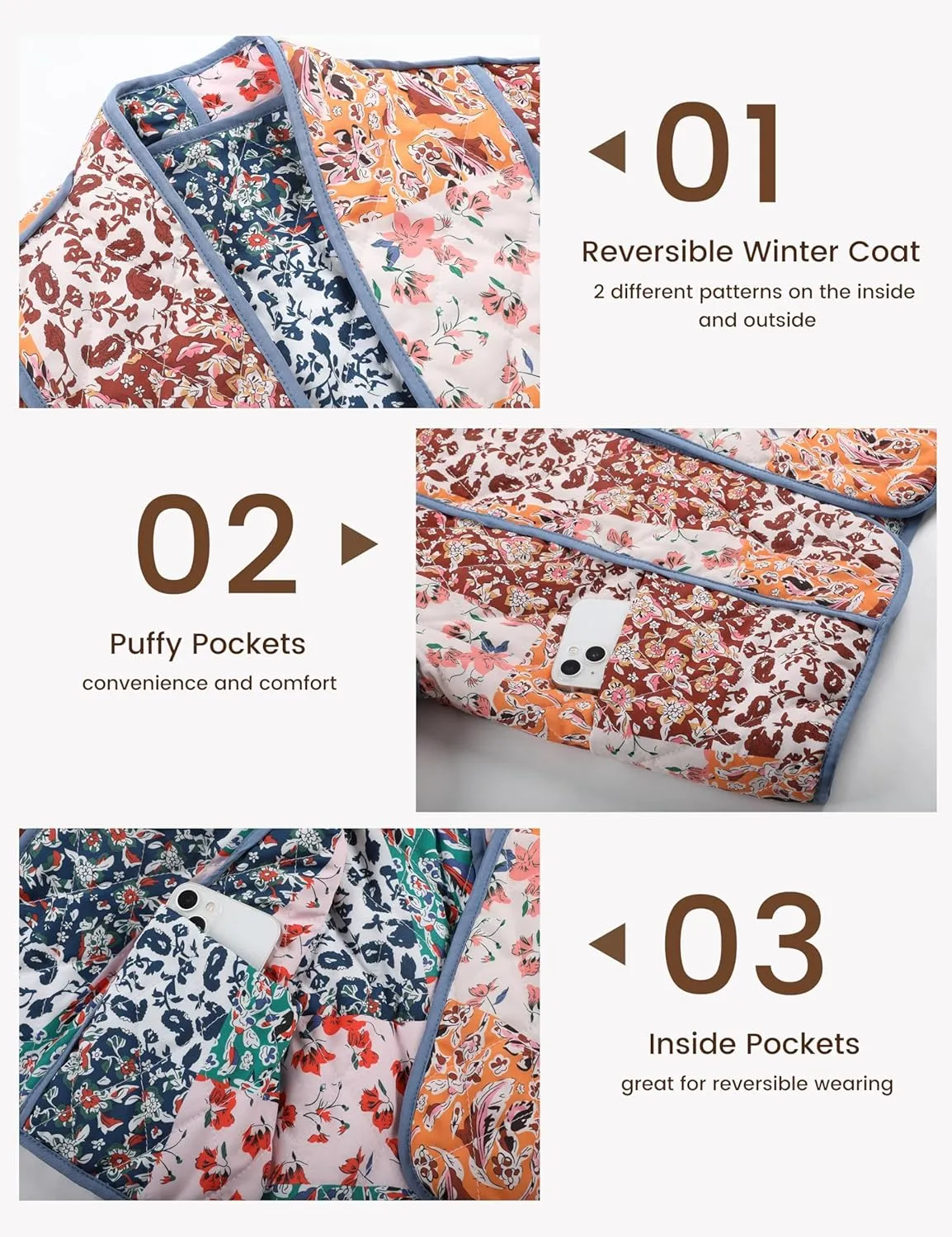 Omoone Women's Cropped Floral Quilted Jacket Cardigan Printed Lightweight Open Front Padded Puffer Coat