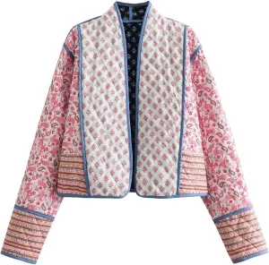 Omoone Women's Cropped Floral Quilted Jacket Cardigan Printed Lightweight Open Front Padded Puffer Coat