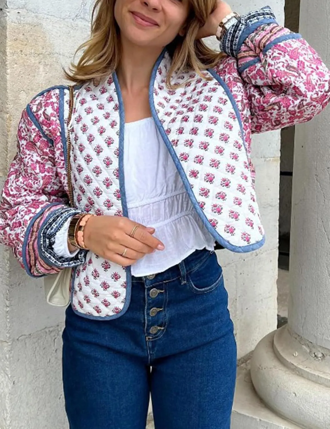 Omoone Women's Cropped Floral Quilted Jacket Cardigan Printed Lightweight Open Front Padded Puffer Coat