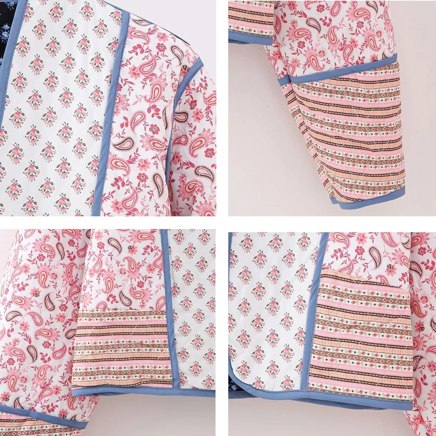 Omoone Women's Cropped Floral Quilted Jacket Cardigan Printed Lightweight Open Front Padded Puffer Coat