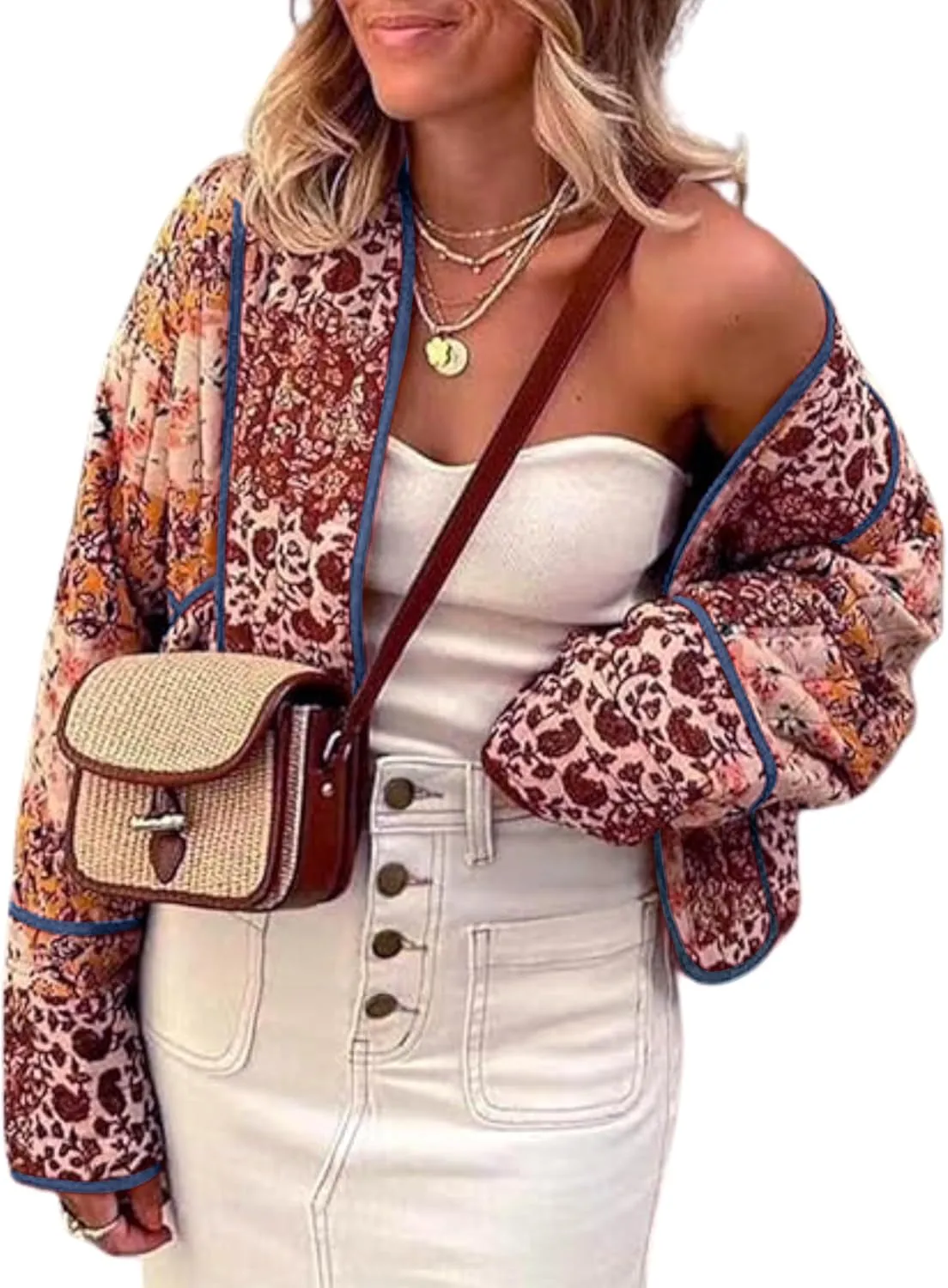 Omoone Women's Cropped Floral Quilted Jacket Cardigan Printed Lightweight Open Front Padded Puffer Coat
