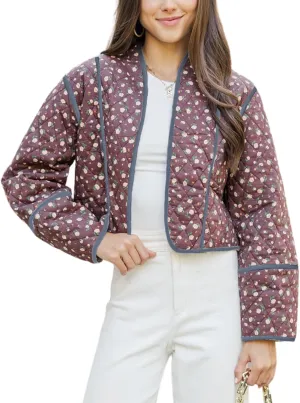 Omoone Women's Cropped Floral Quilted Jacket Cardigan Printed Lightweight Open Front Padded Puffer Coat