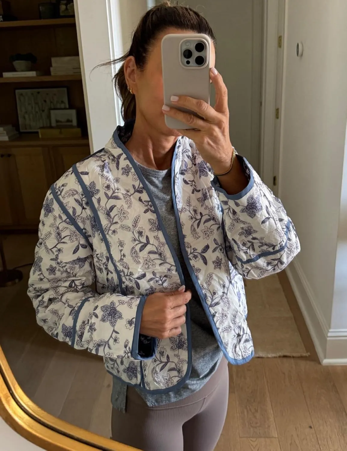 Omoone Women's Cropped Floral Quilted Jacket Cardigan Printed Lightweight Open Front Padded Puffer Coat