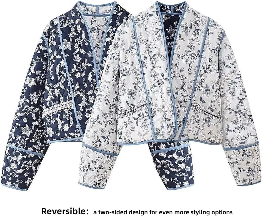 Omoone Women's Cropped Floral Quilted Jacket Cardigan Printed Lightweight Open Front Padded Puffer Coat