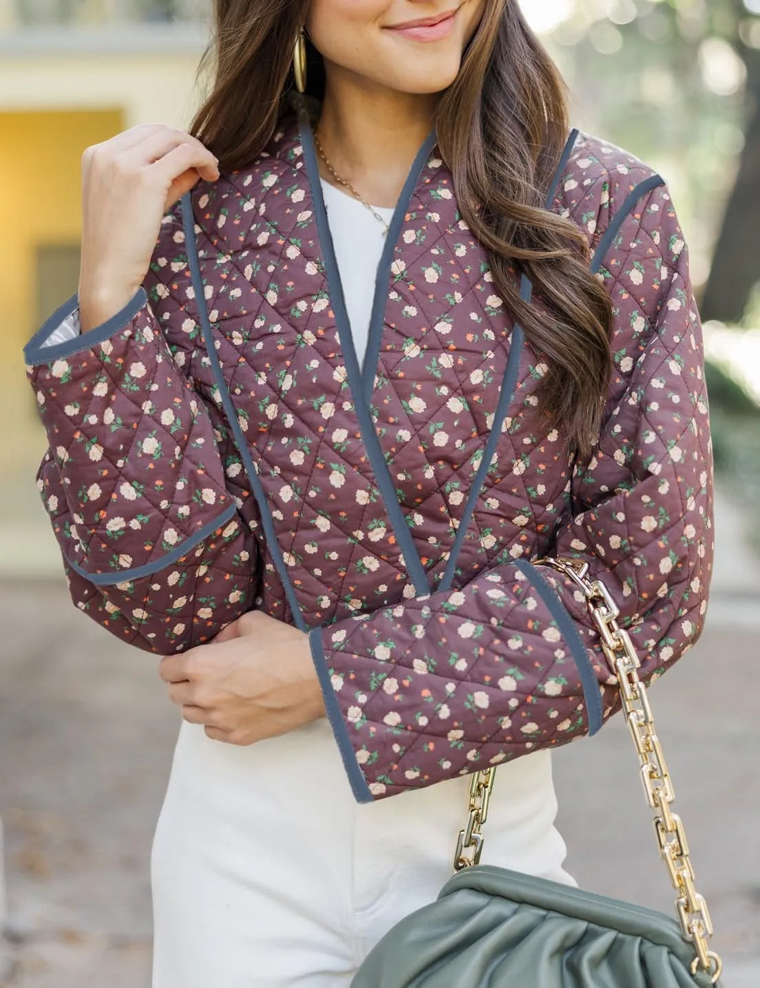 Omoone Women's Cropped Floral Quilted Jacket Cardigan Printed Lightweight Open Front Padded Puffer Coat