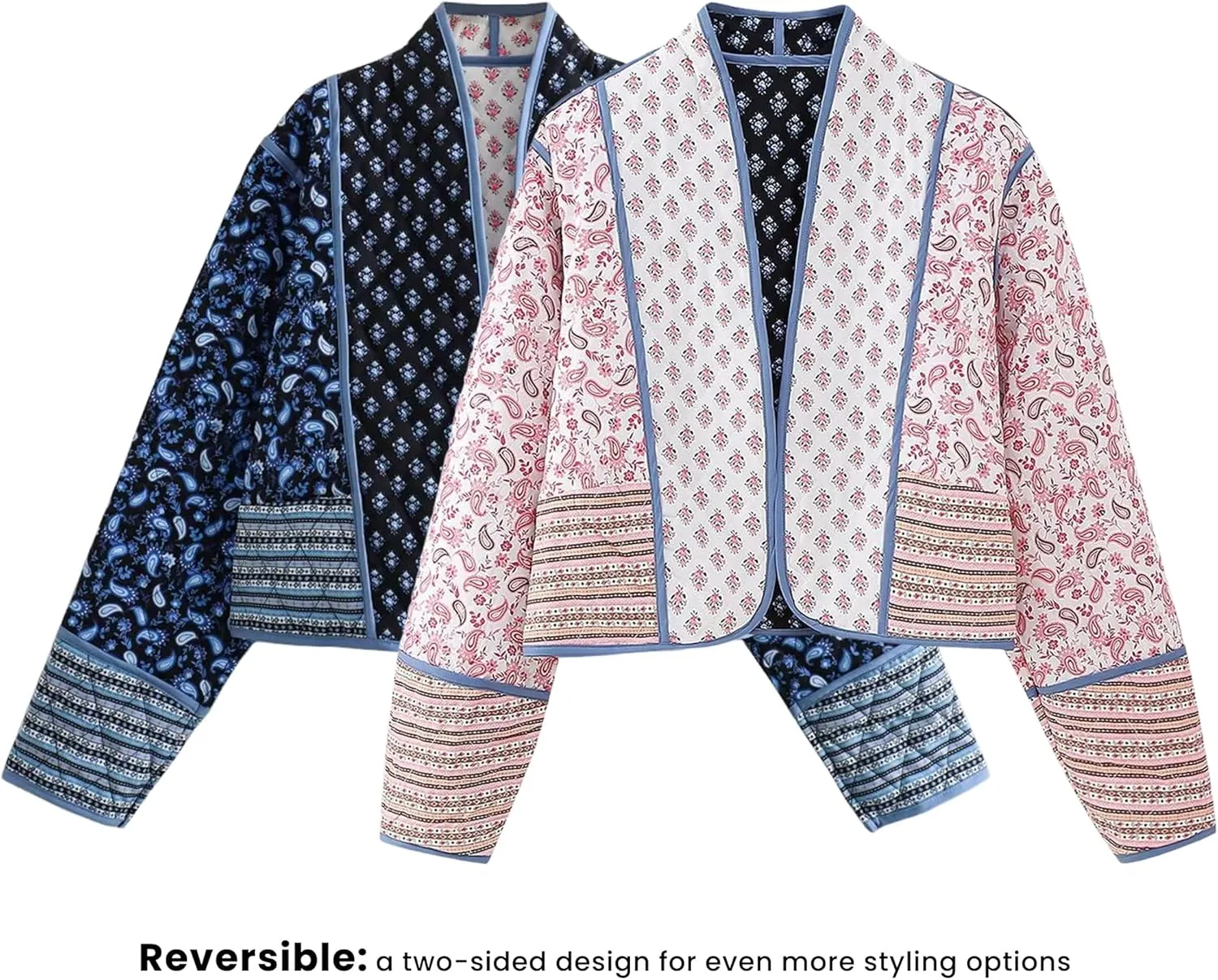 Omoone Women's Cropped Floral Quilted Jacket Cardigan Printed Lightweight Open Front Padded Puffer Coat
