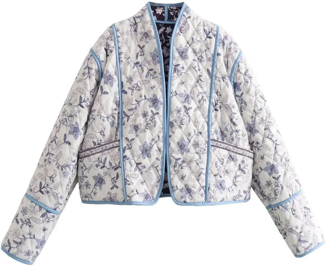 Omoone Women's Cropped Floral Quilted Jacket Cardigan Printed Lightweight Open Front Padded Puffer Coat