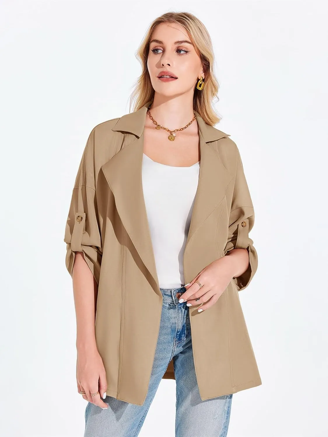 Onedreamer Women's Long Sleeve Roll Up Open Front Casual Jackets Trendy Lapel Collar Lightweight Blazer with Pockets