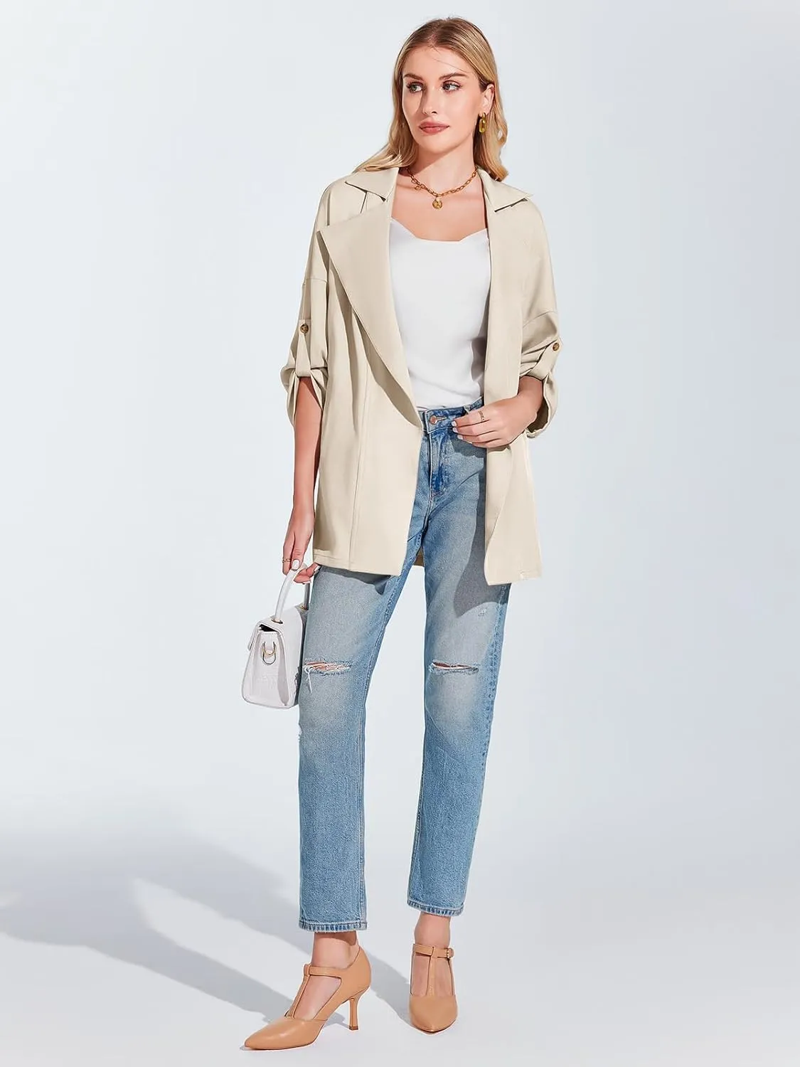 Onedreamer Women's Long Sleeve Roll Up Open Front Casual Jackets Trendy Lapel Collar Lightweight Blazer with Pockets