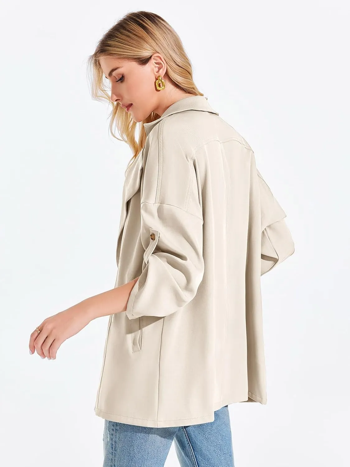 Onedreamer Women's Long Sleeve Roll Up Open Front Casual Jackets Trendy Lapel Collar Lightweight Blazer with Pockets