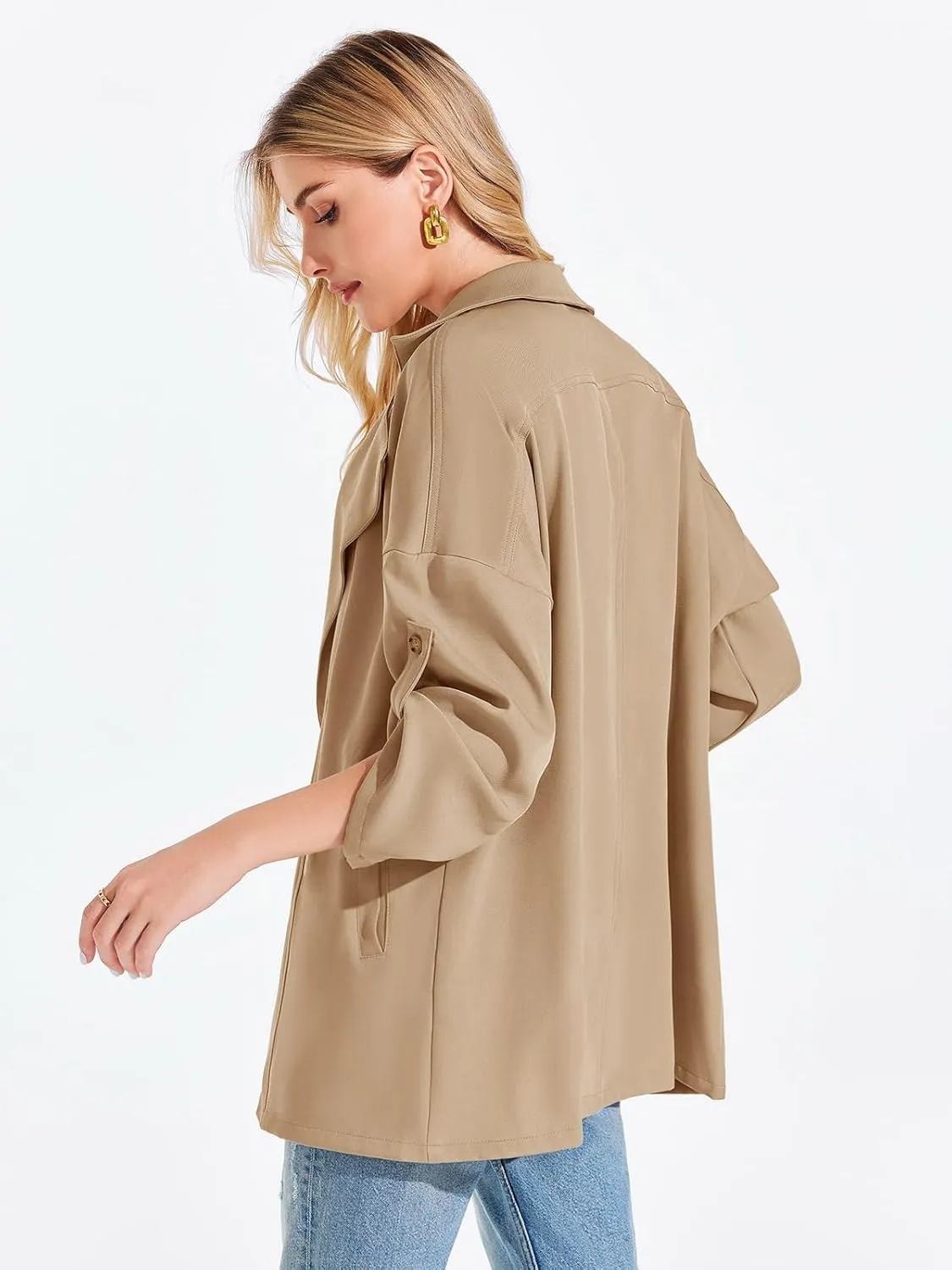 Onedreamer Women's Long Sleeve Roll Up Open Front Casual Jackets Trendy Lapel Collar Lightweight Blazer with Pockets