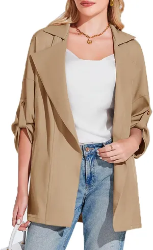 Onedreamer Women's Long Sleeve Roll Up Open Front Casual Jackets Trendy Lapel Collar Lightweight Blazer with Pockets