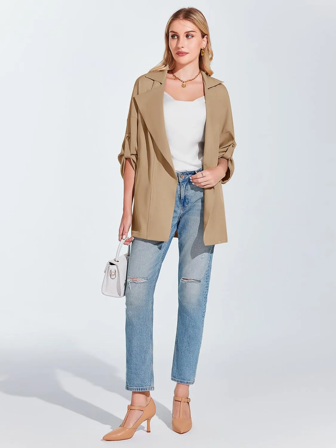 Onedreamer Women's Long Sleeve Roll Up Open Front Casual Jackets Trendy Lapel Collar Lightweight Blazer with Pockets