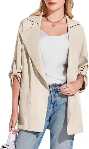 Onedreamer Women's Long Sleeve Roll Up Open Front Casual Jackets Trendy Lapel Collar Lightweight Blazer with Pockets