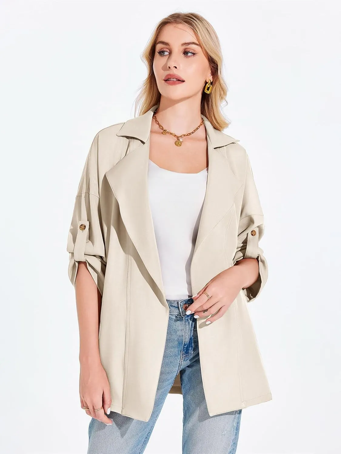 Onedreamer Women's Long Sleeve Roll Up Open Front Casual Jackets Trendy Lapel Collar Lightweight Blazer with Pockets
