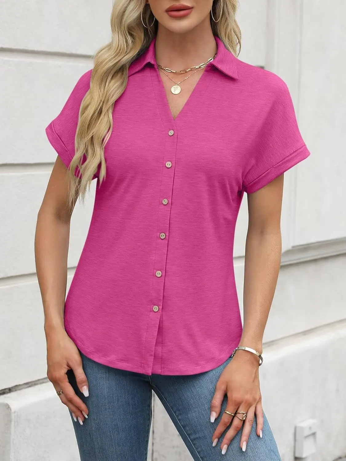 ORANDESIGNE Women's Short Sleeve Polo Tops Summer Button Down Collared T Shirts Casual Cute Ladies Tees