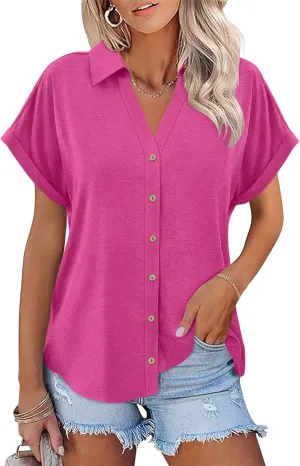 ORANDESIGNE Women's Short Sleeve Polo Tops Summer Button Down Collared T Shirts Casual Cute Ladies Tees