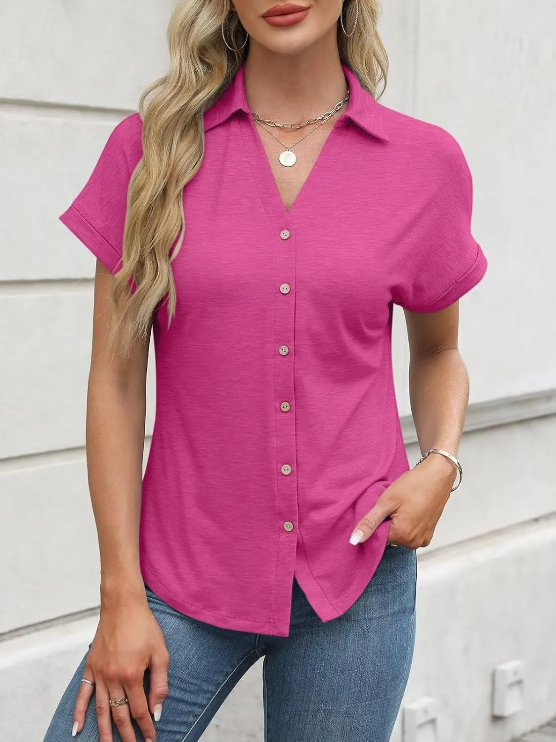 ORANDESIGNE Women's Short Sleeve Polo Tops Summer Button Down Collared T Shirts Casual Cute Ladies Tees