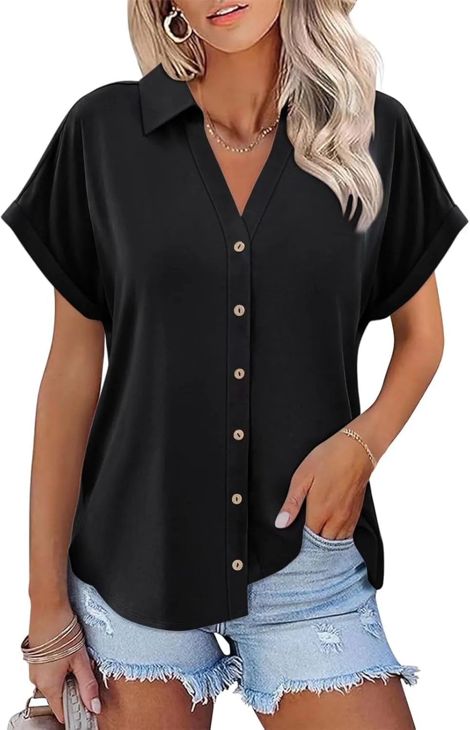 ORANDESIGNE Women's Short Sleeve Polo Tops Summer Button Down Collared T Shirts Casual Cute Ladies Tees